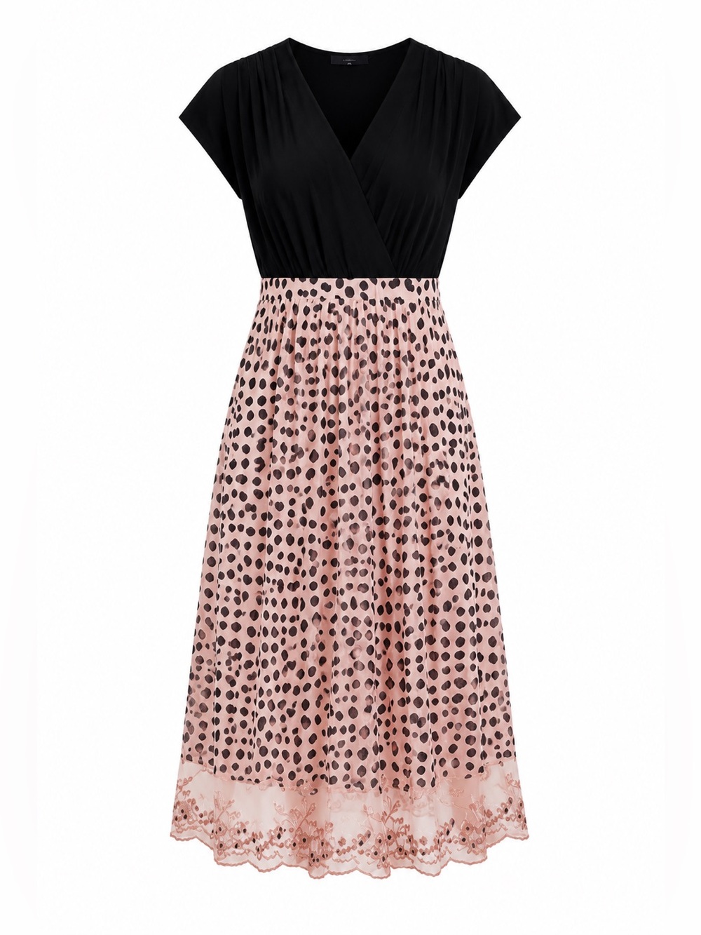 Elegant Black & Blush Pocket-dot Print Midi Dress